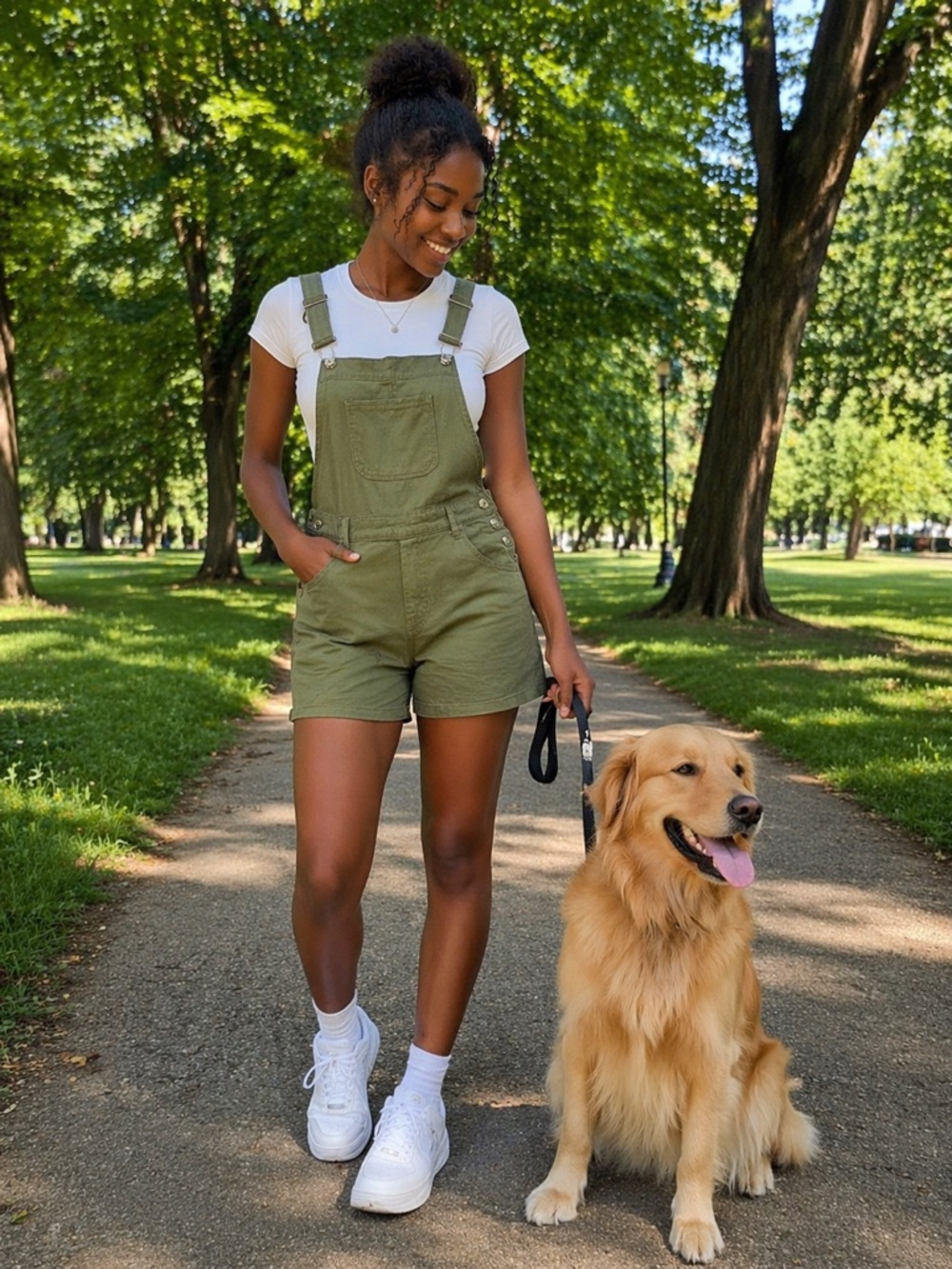 Olive Green Short Overall Romper - Casual Women's Jumpsuit - Picture 1 of 7